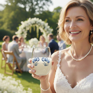 Tulips in Delft Blue customisable Stemless Wine Glass