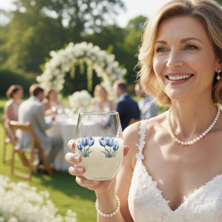 Tulips in Delft Blue customisable Stemless Wine Glass