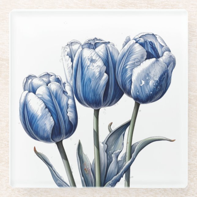 Tulips in Delft Blue  Glass Coaster (Front)