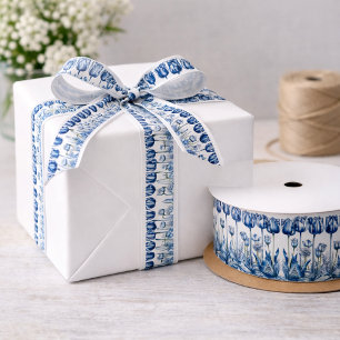 Tulips in Delft Blue Satin Ribbon