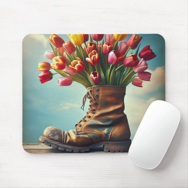 Tulips In Old Boot Mouse Mat (With Mouse)
