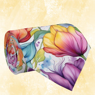 Tulips in Pink Purple Gold Vintage Alcohol Ink  Tie