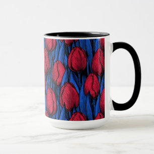 Tulips in red and blue mug