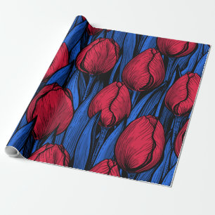 Tulips in red and blue wrapping paper