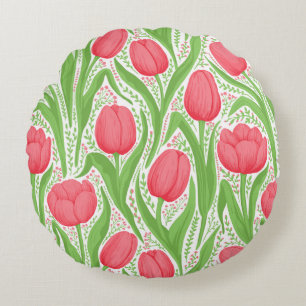 Tulips in red and green round cushion
