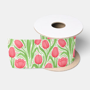 Tulips in red and green satin ribbon