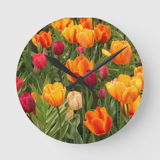 Tulips in red and yellow shades round clock (Front)