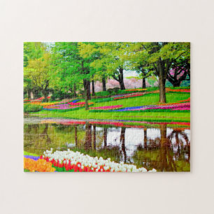 Tulips In Springtime Garden Pond Colorful  Jigsaw Puzzle