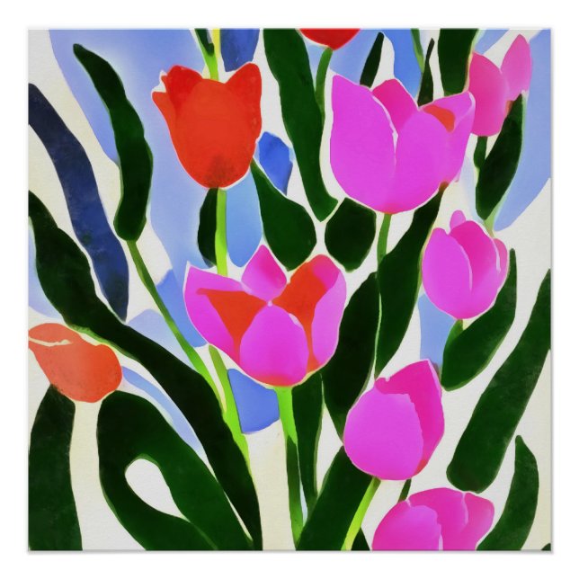 Tulips In Strong Colours Pink Floral Art Poster (Front)