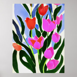 Tulips In Strong Colours Pink Floral Art  Poster