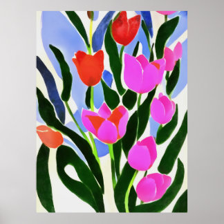 Tulips In Strong Colours Pink Floral Art  Poster