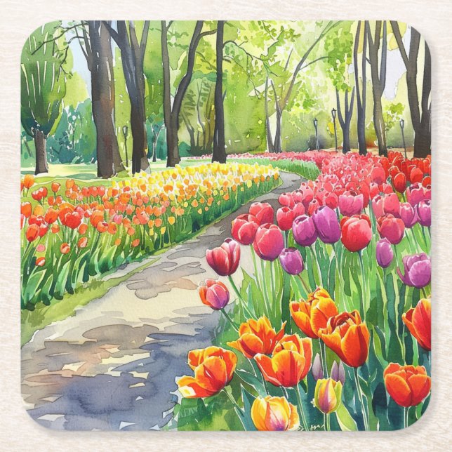 Tulips in The Park Square Paper Coaster (Front)