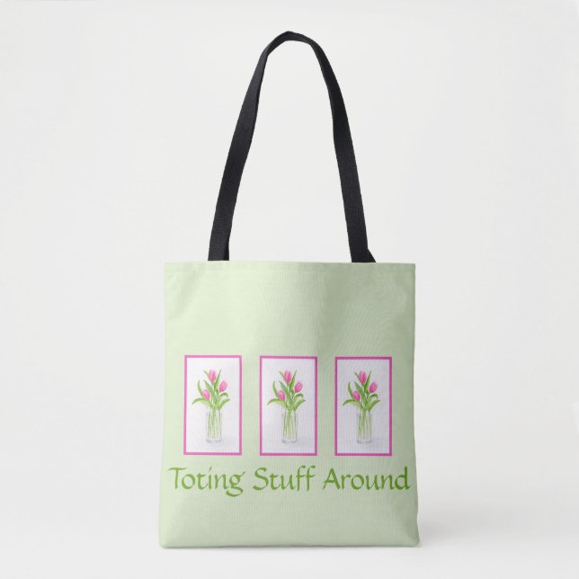 Tulips in Water Handpainted Watercolor Long handle Tote Bag (Front)