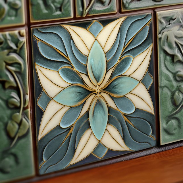 Tulips on Muted Blue Art Nouveau White Tile (Creator Uploaded)