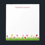 Tulips Personalised Notepad<br><div class="desc">A collection of spring bulb blooming tulips in green grass in shades of pink and yellow. Personalise with your name in pink purple font.</div>