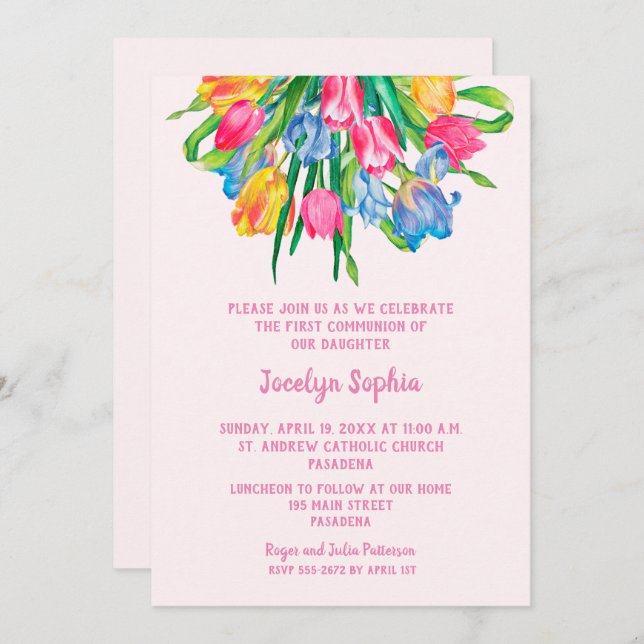 Tulips Pink Girl First Communion Invitations (Front/Back)