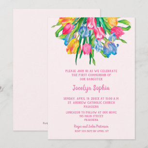 Tulips Pink Girl First Communion Invitations