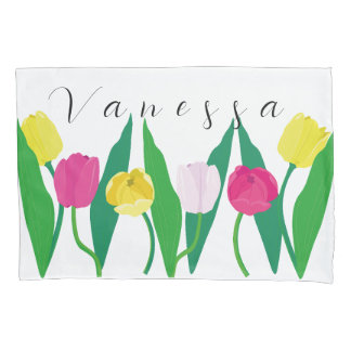 Tulips Pink Yellow Purple Green Modern Customize. Pillowcase