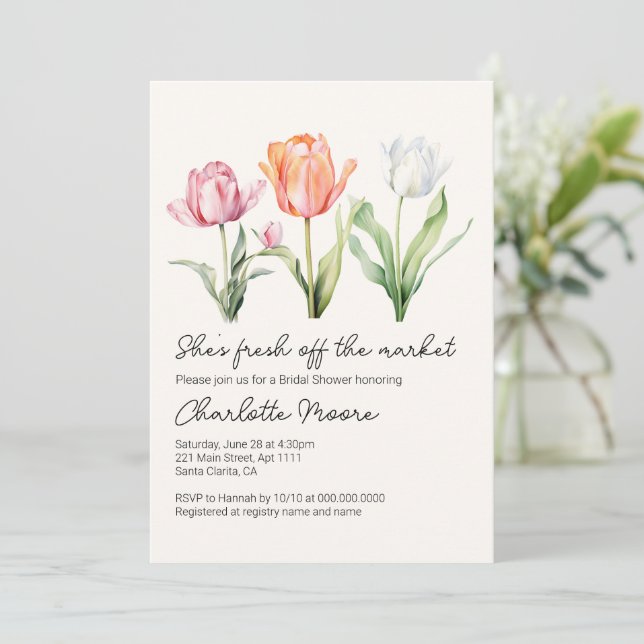 Tulips She's Fresh Off The Market Bridal Shower Invitation (Standing Front)