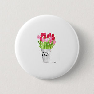 Tulips Watercolor Floral Happy Easter Pink elegant 6 Cm Round Badge