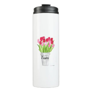 Tulips Watercolor Floral Happy Easter Pink elegant Thermal Tumbler