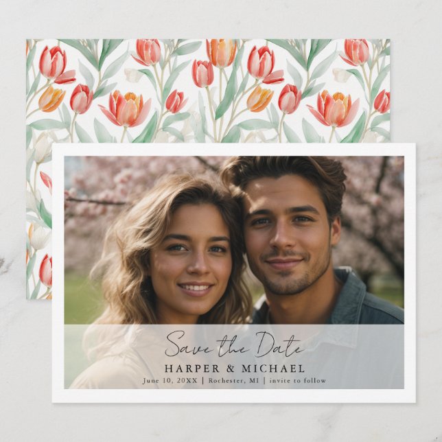 Tulips wedding photo save the date invitation (Front/Back)