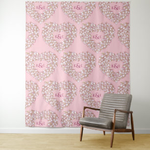Tulips white pink monogram wedding backdrop tapestry