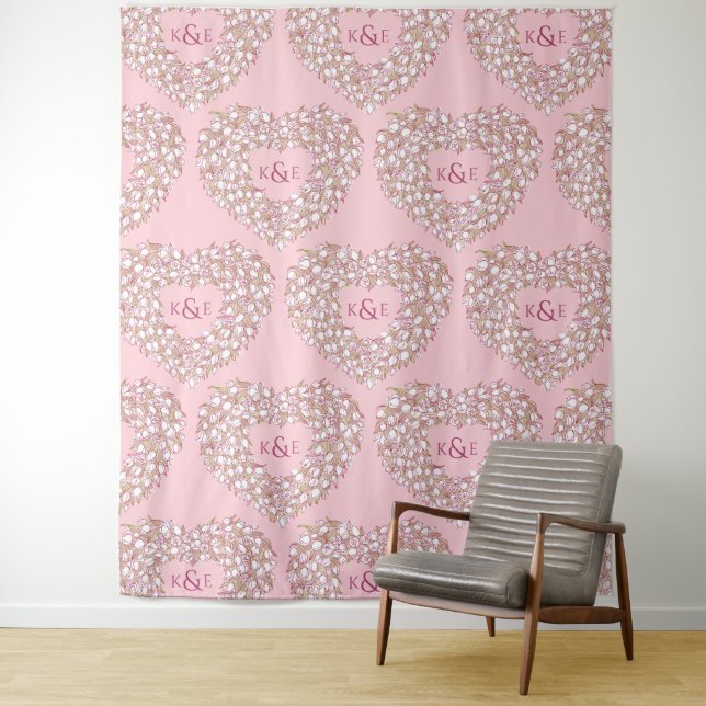 Tulips white pink monogram wedding backdrop tapestry (In Situ)
