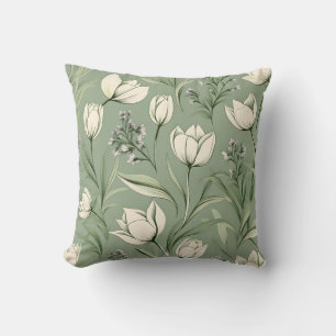 Tulips With Leaves On Light Sage Green Cushion