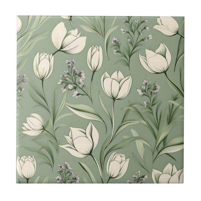 Tulips With Leaves On Light Sage Green Tile (Front)