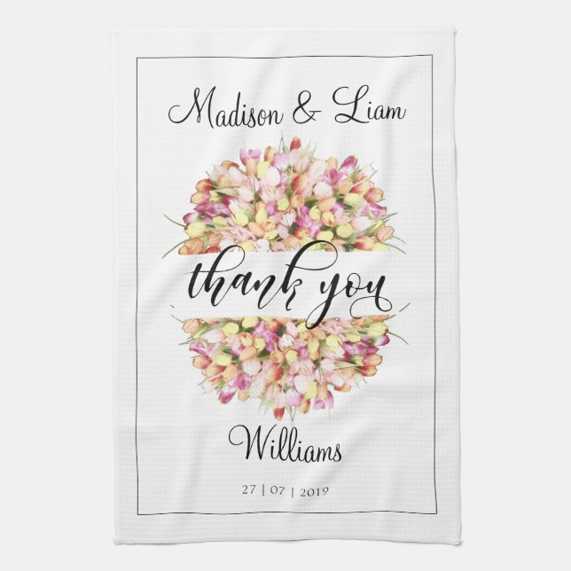 Tulips Wreath Thank You Pencil Art Calligraphy Tea Towel (Vertical)