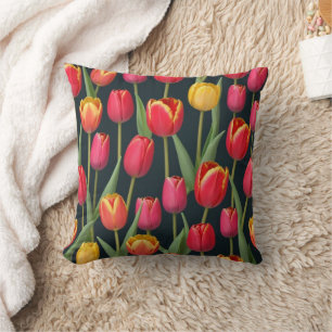 Tulips Yellow Pink Red Green Black Floral Cushion