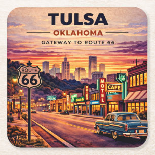 Tulsa Neon Route 66 Tabletop Nostalgia Square Paper Coaster