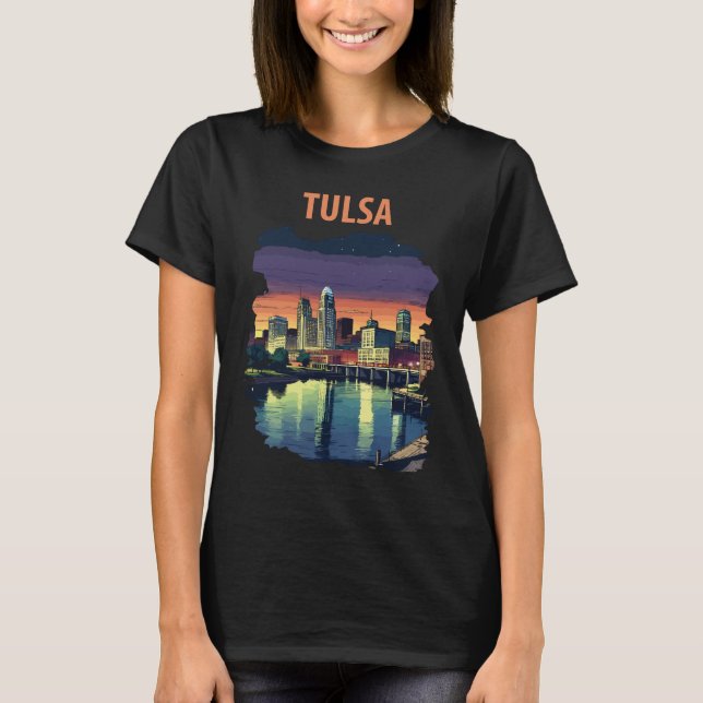 Tulsa Oklahoma Skyline Neon Travel T-Shirt (Front)