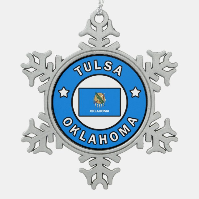 Tulsa Oklahoma Snowflake Pewter Christmas Ornament (Front)