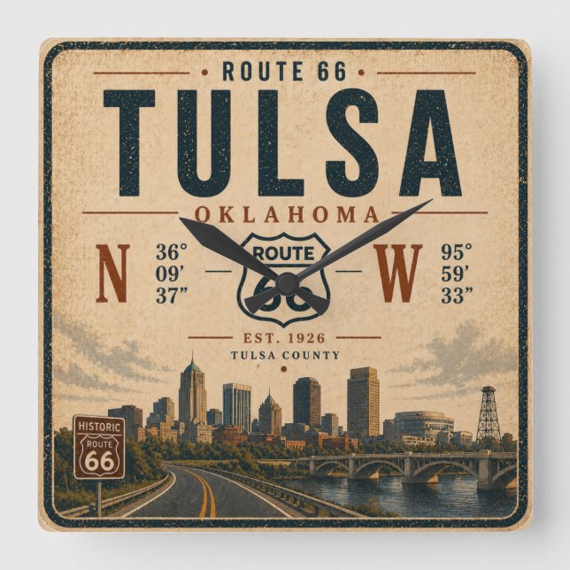 Tulsa Route 66 Time Traveller Square Wall Clock (Front)