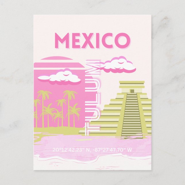 Tulum, Mexico, Travel Art, Pink Holiday Postcard (Front)