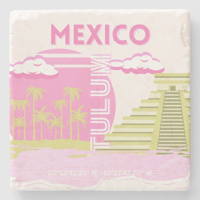 Tulum, Mexico, Travel Art, Pink Stone Coaster (Front)