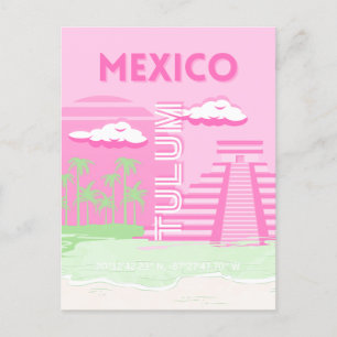 Tulum, Mexico, Travel Art, Preppy Art, Pink Holiday Postcard