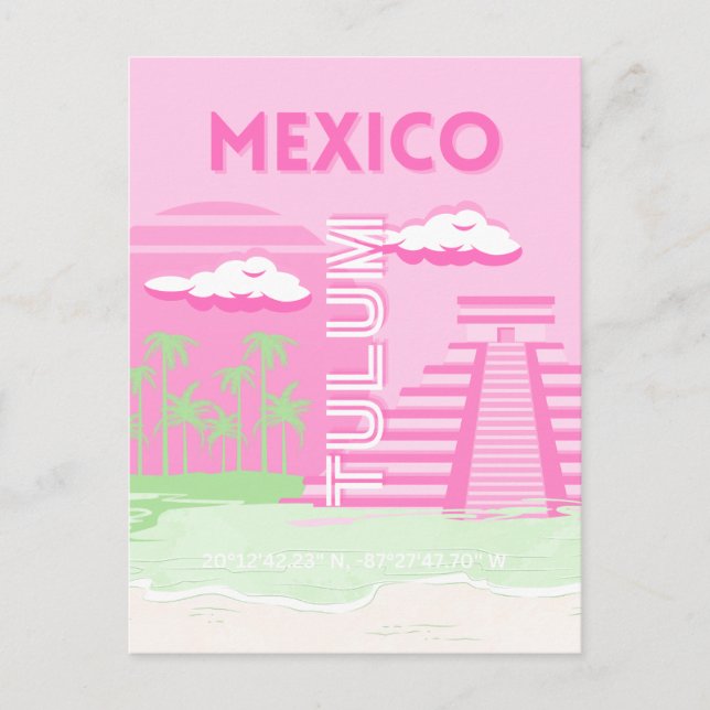 Tulum, Mexico, Travel Art, Preppy Art, Pink Holiday Postcard (Front)