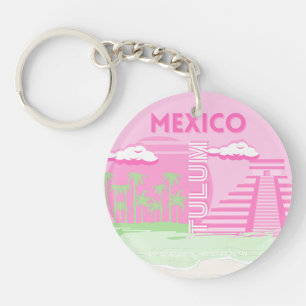 Tulum, Mexico, Travel Art, Preppy Art, Pink Key Ring