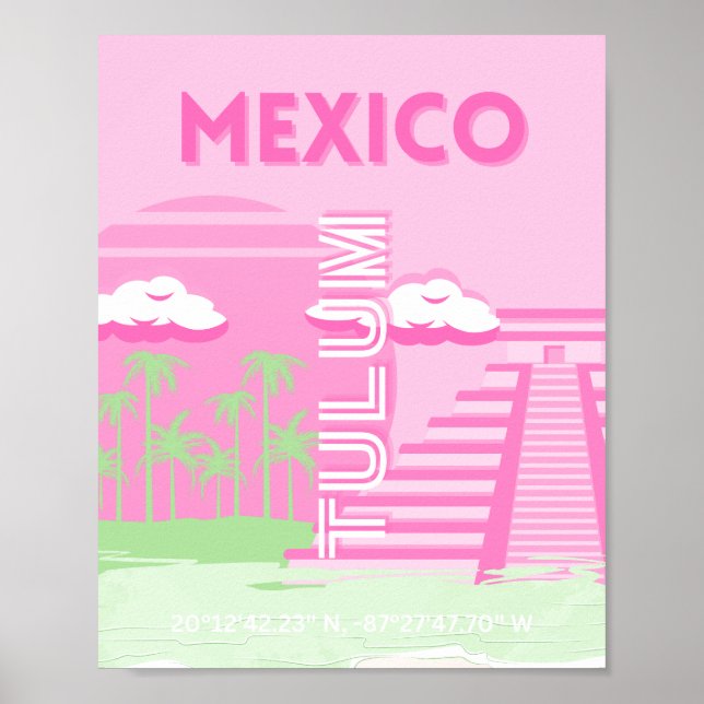 Tulum, Mexico, Travel Art, Preppy Art, Pink Poster (Front)