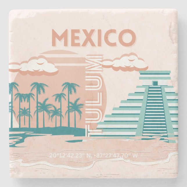Tulum, Mexico, Travel Art, Retro Stone Coaster (Front)