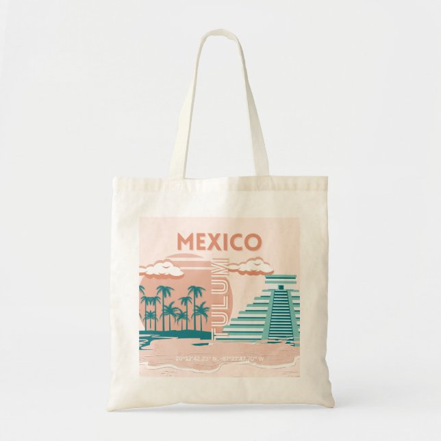 Tulum, Mexico, Travel Art, Retro Tote Bag (Front)