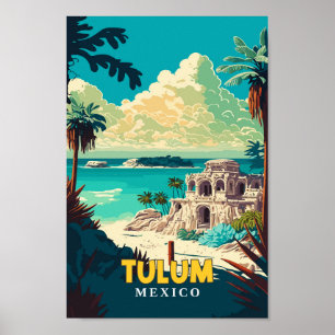 Tulum Mexico Travel Art Vintage Illustration  Poster