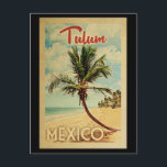 Tulum Postcard Palm Tree Vintage Travel<br><div class="desc">A uniquely retro mid-century modern Tulum Mexico art print in vintage travel poster style. It features a curved palm tree on sandy beach with ocean under a blue cloudy sky.</div>
