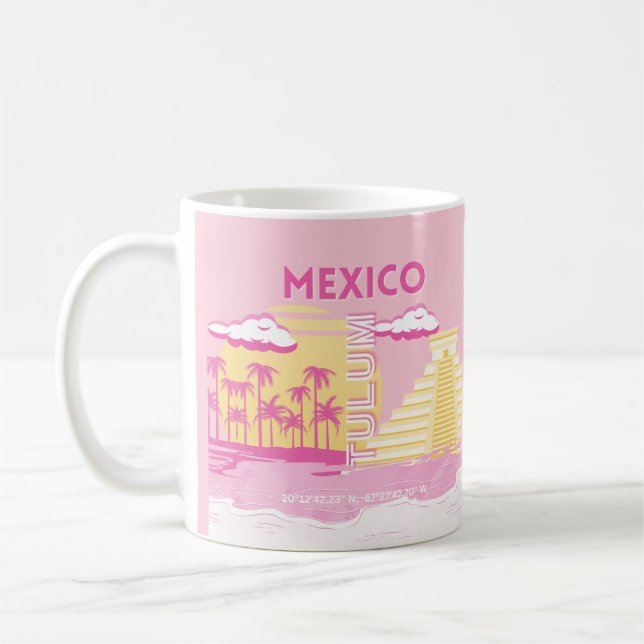 Tulum, Travel Art, Preppy Art, Pink Coffee Mug (Left)