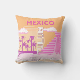 Tulum, Travel Art, Retro Art, Pink, Orange Cushion