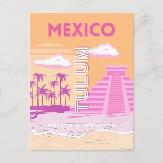Tulum, Travel Art, Retro Art, Pink, Orange Holiday Postcard (Front)