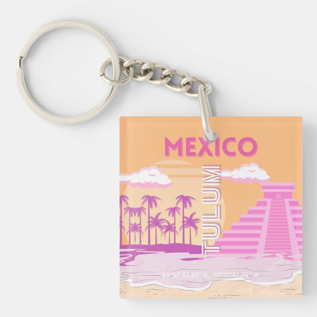 Tulum, Travel Art, Retro Art, Pink, Orange Key Ring (Front)